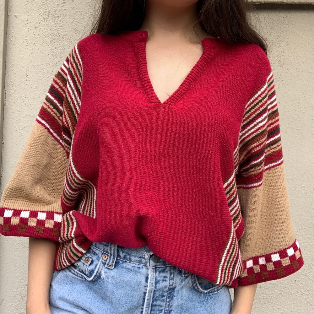 Vintage Burgundy stripes and checkerboard sweater